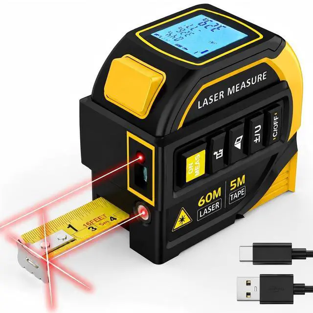 Main image of Laser Tape Measure 4-in-1, 197FT Laser Distance Meter with 16FT Auto-Lock Tape, Cross-Line Laser Level, Dual-Axis Angle, Backlit LCD, Distance/Area/Volume, Pythagorean Theorem & Angle Measurement