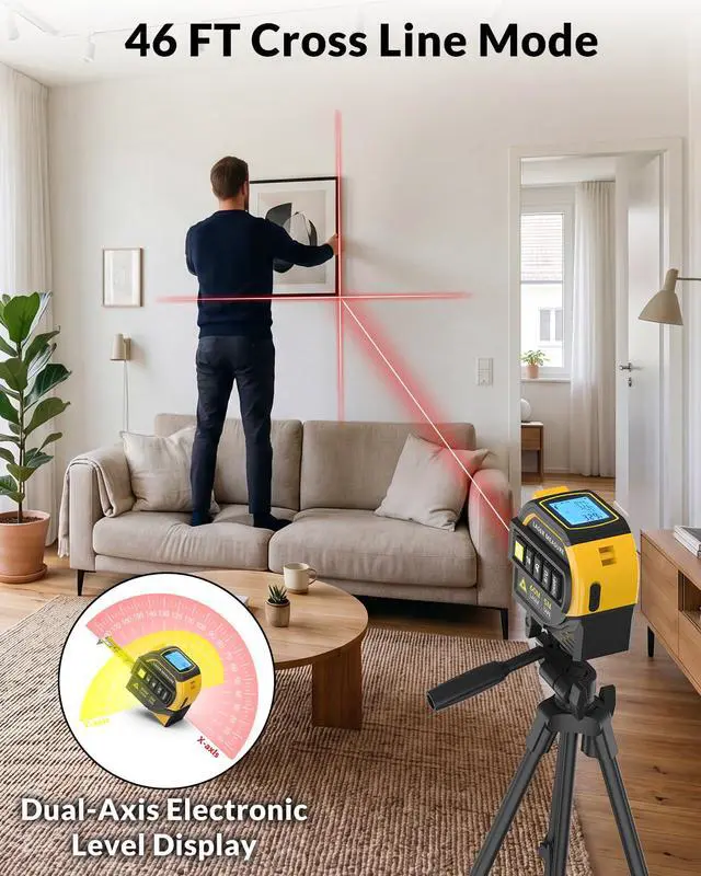 Alt view image 2 of 7 - Laser Tape Measure 4-in-1, 197FT Laser Distance Meter with 16FT Auto-Lock Tape, Cross-Line Laser Level, Dual-Axis Angle, Backlit LCD, Distance/Area/Volume, Pythagorean Theorem & Angle Measurement