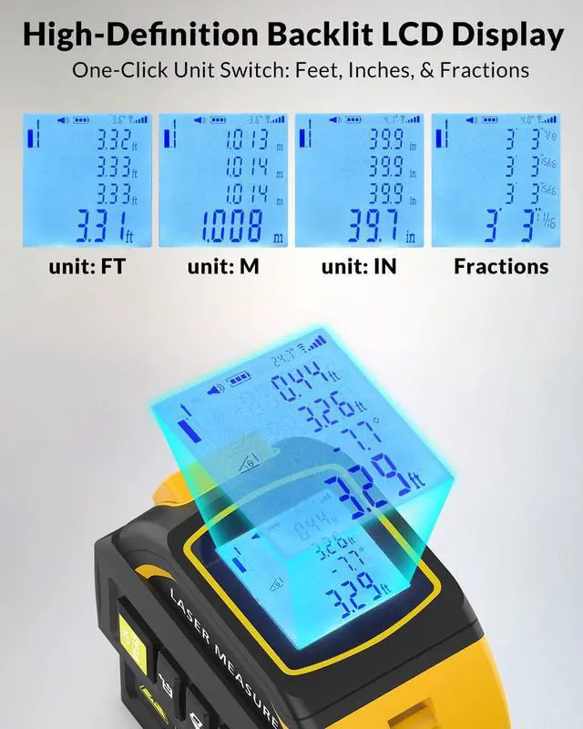 Alt view image 3 of 7 - Laser Tape Measure 4-in-1, 197FT Laser Distance Meter with 16FT Auto-Lock Tape, Cross-Line Laser Level, Dual-Axis Angle, Backlit LCD, Distance/Area/Volume, Pythagorean Theorem & Angle Measurement