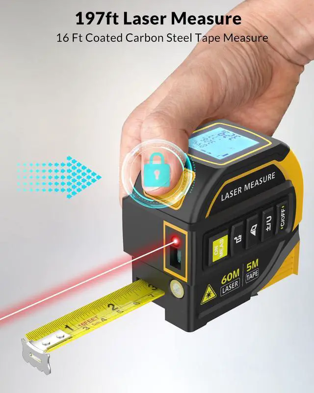 Alt view image 5 of 7 - Laser Tape Measure 4-in-1, 197FT Laser Distance Meter with 16FT Auto-Lock Tape, Cross-Line Laser Level, Dual-Axis Angle, Backlit LCD, Distance/Area/Volume, Pythagorean Theorem & Angle Measurement