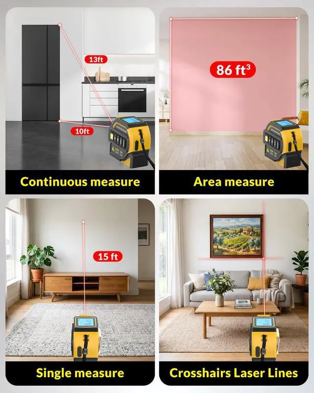 Alt view image 7 of 7 - Laser Tape Measure 4-in-1, 197FT Laser Distance Meter with 16FT Auto-Lock Tape, Cross-Line Laser Level, Dual-Axis Angle, Backlit LCD, Distance/Area/Volume, Pythagorean Theorem & Angle Measurement