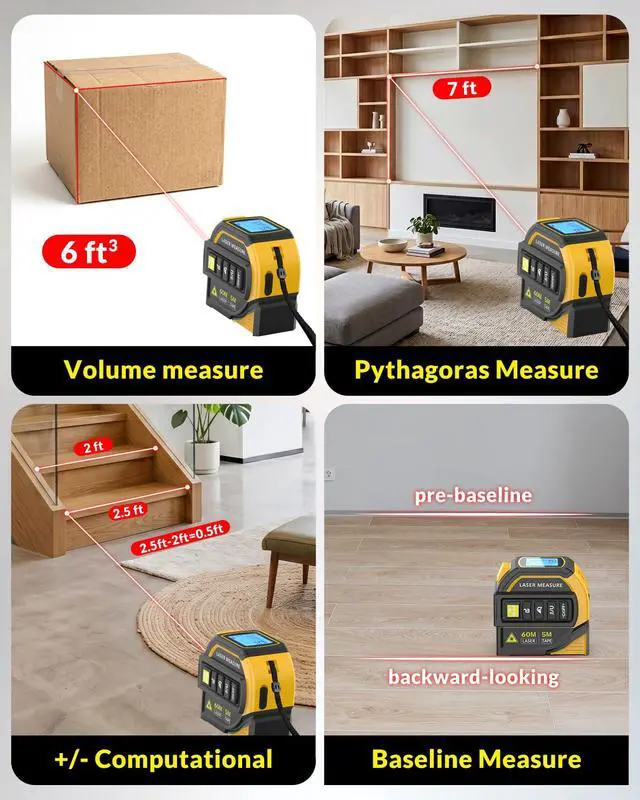 Alt view image 6 of 7 - Laser Tape Measure 4-in-1, 197FT Laser Distance Meter with 16FT Auto-Lock Tape, Cross-Line Laser Level, Dual-Axis Angle, Backlit LCD, Distance/Area/Volume, Pythagorean Theorem & Angle Measurement