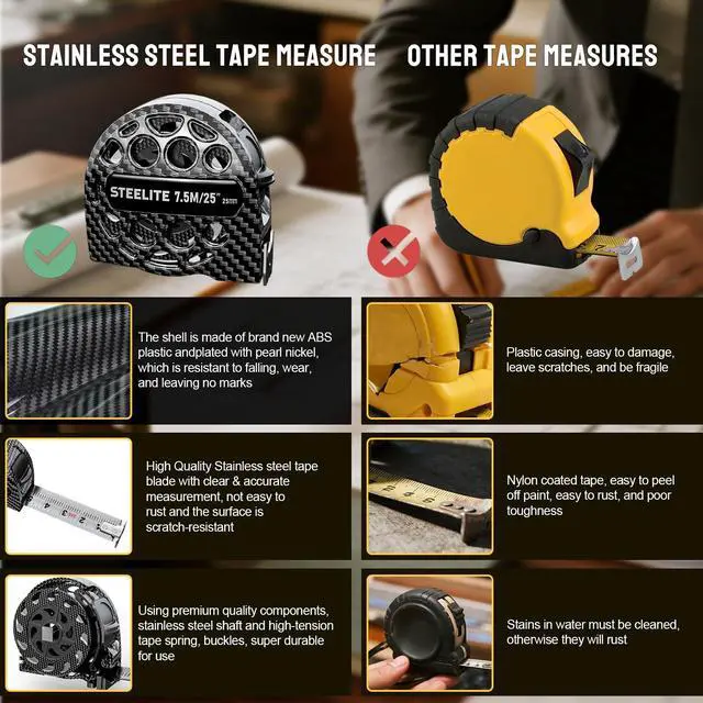 Alt view image 5 of 7 - Tape Measure 25'FT Stainless Steel Waterproof & Rustproof Retractable Measuring Tape with Hollow Design Carbon Fiber