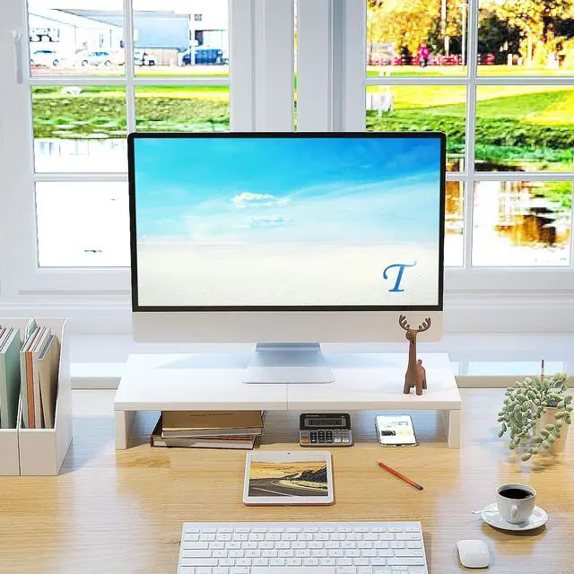 Alt view image 2 of 7 - 20 inch White Monitor Stand Riser, Wood Desktop Stand for PC/TV/Laptop/Printer, White Monitor Riser with Storage, Computer Stand with Keyboard Organizer