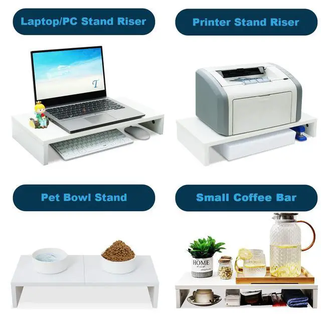 Alt view image 3 of 7 - 20 inch White Monitor Stand Riser, Wood Desktop Stand for PC/TV/Laptop/Printer, White Monitor Riser with Storage, Computer Stand with Keyboard Organizer