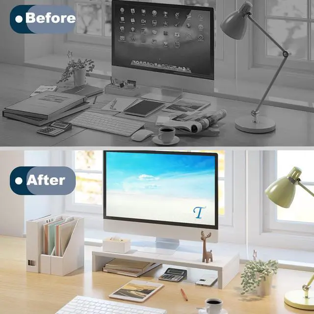 Alt view image 6 of 7 - 20 inch White Monitor Stand Riser, Wood Desktop Stand for PC/TV/Laptop/Printer, White Monitor Riser with Storage, Computer Stand with Keyboard Organizer
