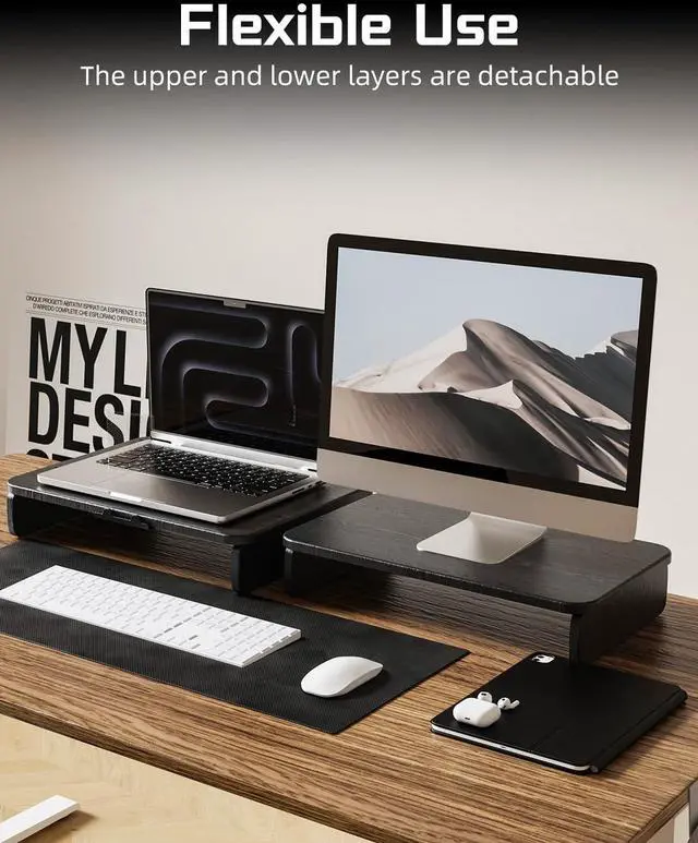 Alt view image 2 of 7 - Dual-Layer Monitor Stand Riser, 2-Tier Ergonomic Desk Organizer with Hidden Phone Holder & Cable Management, Multi-use Desk Stand for Computer, Laptop, Office Supplies, Black