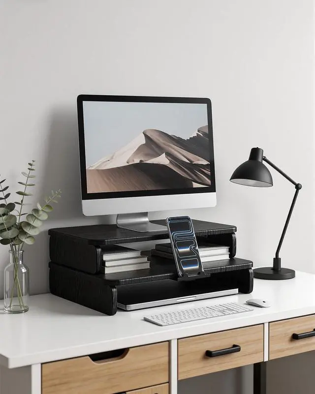 Alt view image 7 of 7 - Dual-Layer Monitor Stand Riser, 2-Tier Ergonomic Desk Organizer with Hidden Phone Holder & Cable Management, Multi-use Desk Stand for Computer, Laptop, Office Supplies, Black