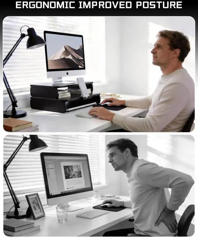 Alt view image 6 of 7 - Dual-Layer Monitor Stand Riser, 2-Tier Ergonomic Desk Organizer with Hidden Phone Holder & Cable Management, Multi-use Desk Stand for Computer, Laptop, Office Supplies, Black