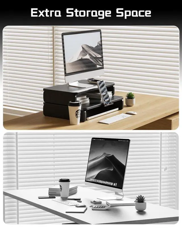 Alt view image 5 of 7 - Dual-Layer Monitor Stand Riser, 2-Tier Ergonomic Desk Organizer with Hidden Phone Holder & Cable Management, Multi-use Desk Stand for Computer, Laptop, Office Supplies, Black