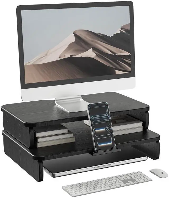 Main image of Dual-Layer Monitor Stand Riser, 2-Tier Ergonomic Desk Organizer with Hidden Phone Holder & Cable Management, Multi-use Desk Stand for Computer, Laptop, Office Supplies, Black