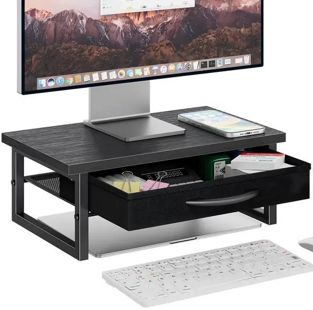 Main image of 2-Tier Monitor Stand with Fabric Drawer Wood and Metal Computer Riser, Desk Organizer for Office, Black