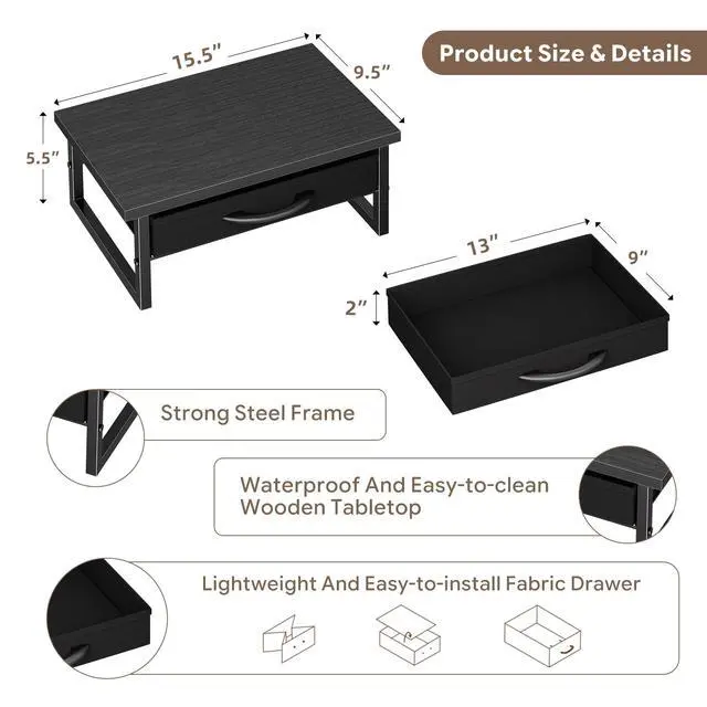 Alt view image 2 of 7 - 2-Tier Monitor Stand with Fabric Drawer Wood and Metal Computer Riser, Desk Organizer for Office, Black