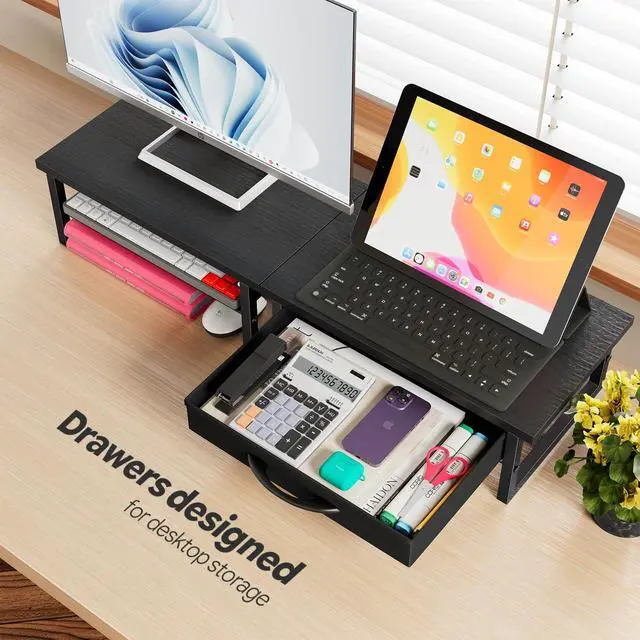 Alt view image 3 of 7 - 2-Tier Monitor Stand with Fabric Drawer Wood and Metal Computer Riser, Desk Organizer for Office, Black