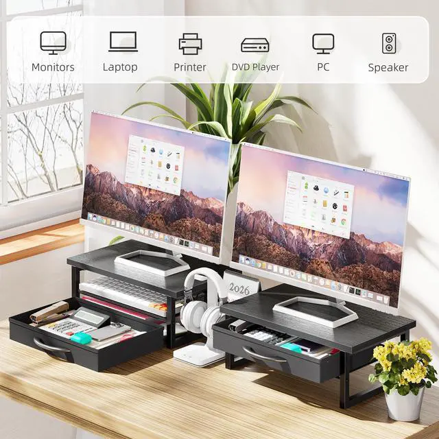 Alt view image 6 of 7 - 2-Tier Monitor Stand with Fabric Drawer Wood and Metal Computer Riser, Desk Organizer for Office, Black