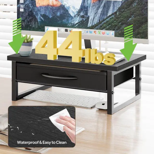 Alt view image 5 of 7 - 2-Tier Monitor Stand with Fabric Drawer Wood and Metal Computer Riser, Desk Organizer for Office, Black
