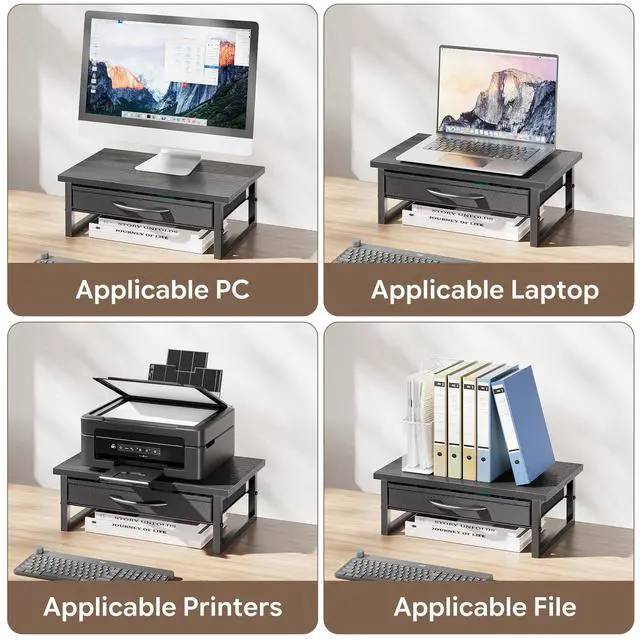 Alt view image 7 of 7 - 2-Tier Monitor Stand with Fabric Drawer Wood and Metal Computer Riser, Desk Organizer for Office, Black