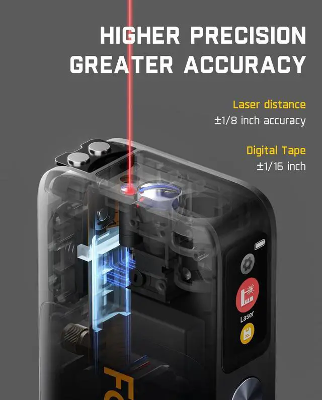 Alt view image 4 of 7 - A10 Pro 2-in-1 Digital Laser Tape Measure with HD IPS Color Display, 165Ft Rechargeable Laser Measurement Tool & 9.8Ft Measuring Tape, 6 Units Selectable, for Distance/Area/Volume