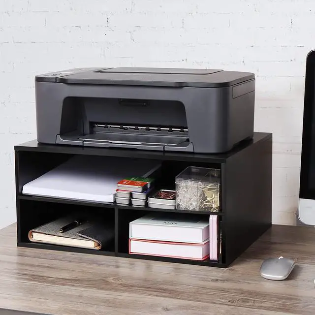 Alt view image 6 of 7 - Printer Stand for Desk - 2 Tier Desktop Printer Stand with Paper Storage, Printer Riser Organizer for Home Office, Holds up to 30 lbs, Black