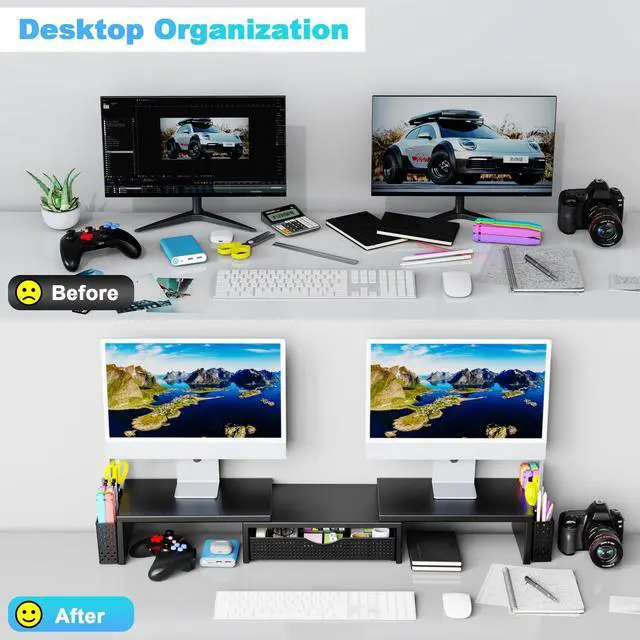 Alt view image 3 of 7 - Metal Desk Organizers and Accessories, Dual Monitor Stand Riser with Drawer and 2 Pen Holders, Book Racks, Desk Accessories & Workspace Desktop Organizers for Office Supplies (Black)