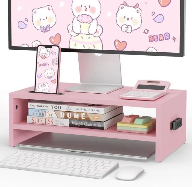 Main image of Wooden Monitor Stand Riser, 2-Tier Desk Shelf with Storage Organizer, Ergonomic Computer Stand with Cable Management, Cellphone Holder, Pink, 16.5 Inch