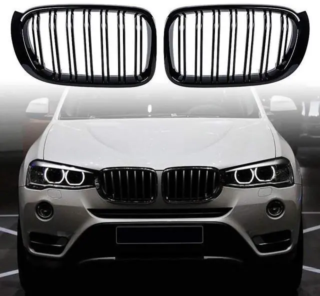 Main image of F25 F26 Grille, Black Front Kidney Grille Grill Compatible with BMW 2014-2017 X3 F25 2015-2018 X4 F26, Gloss Black Double Slats