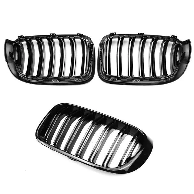 Alt view image 3 of 7 - F25 F26 Grille, Black Front Kidney Grille Grill Compatible with BMW 2014-2017 X3 F25 2015-2018 X4 F26, Gloss Black Double Slats