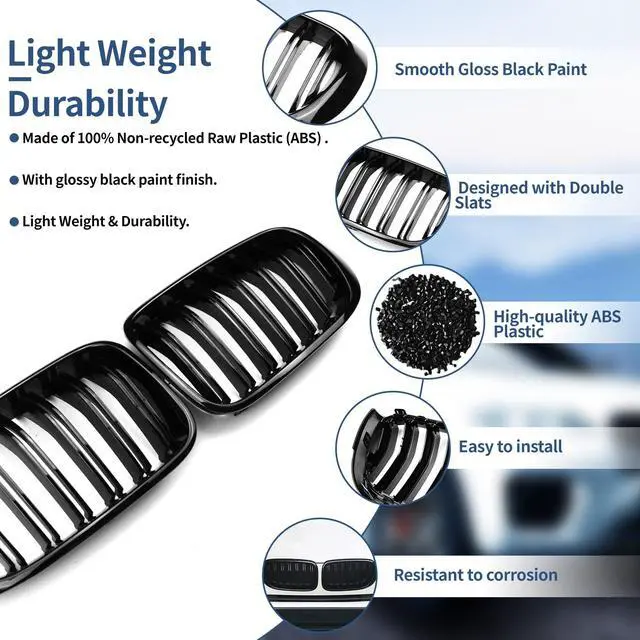 Alt view image 5 of 7 - F25 F26 Grille, Black Front Kidney Grille Grill Compatible with BMW 2014-2017 X3 F25 2015-2018 X4 F26, Gloss Black Double Slats