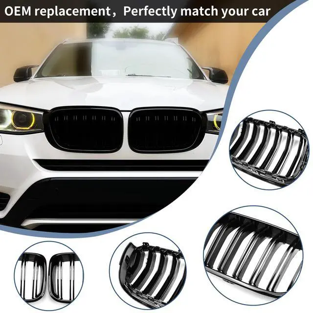 Alt view image 6 of 7 - F25 F26 Grille, Black Front Kidney Grille Grill Compatible with BMW 2014-2017 X3 F25 2015-2018 X4 F26, Gloss Black Double Slats