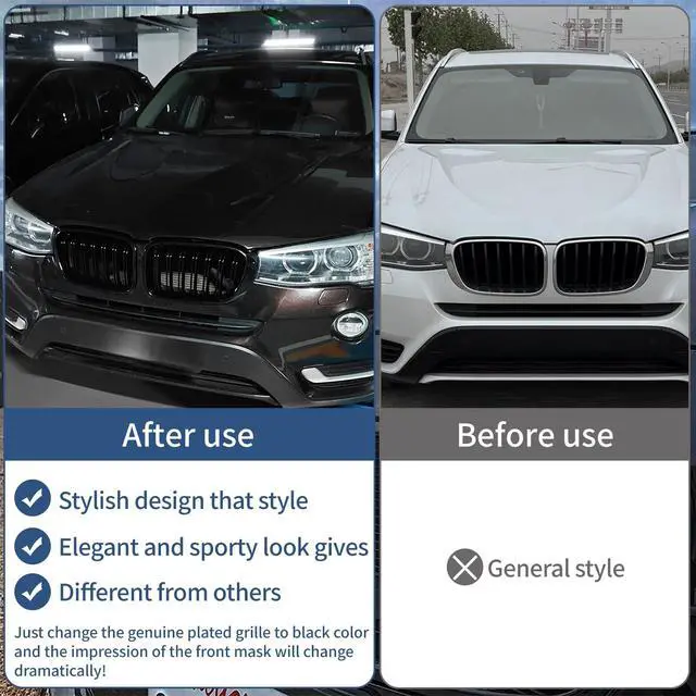 Alt view image 7 of 7 - F25 F26 Grille, Black Front Kidney Grille Grill Compatible with BMW 2014-2017 X3 F25 2015-2018 X4 F26, Gloss Black Double Slats