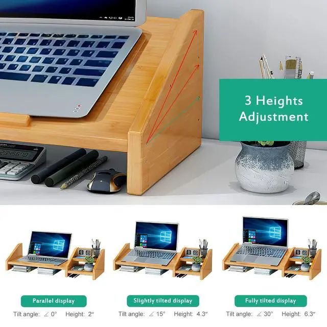 Alt view image 4 of 7 - Bamboo Laptop Stand for Desk with Storage Computer Monitor Riser