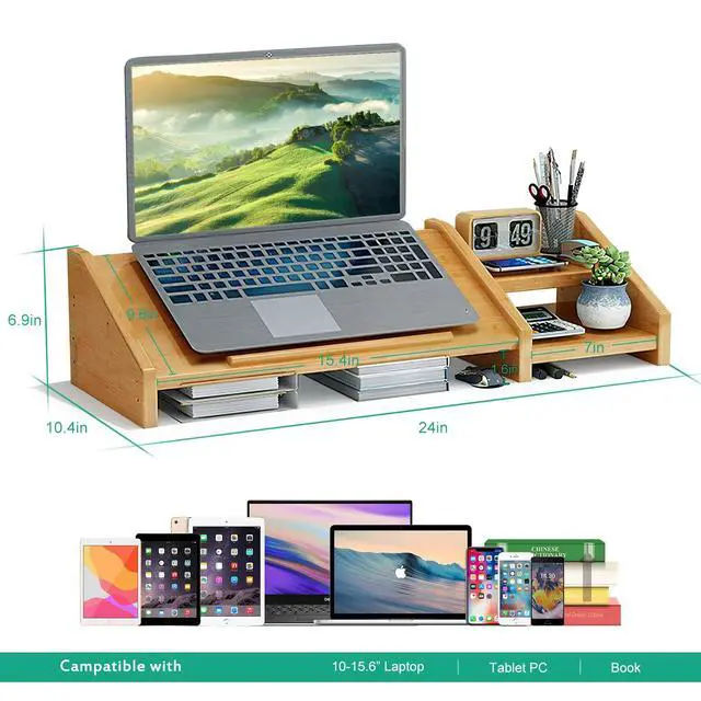 Alt view image 5 of 7 - Bamboo Laptop Stand for Desk with Storage Computer Monitor Riser