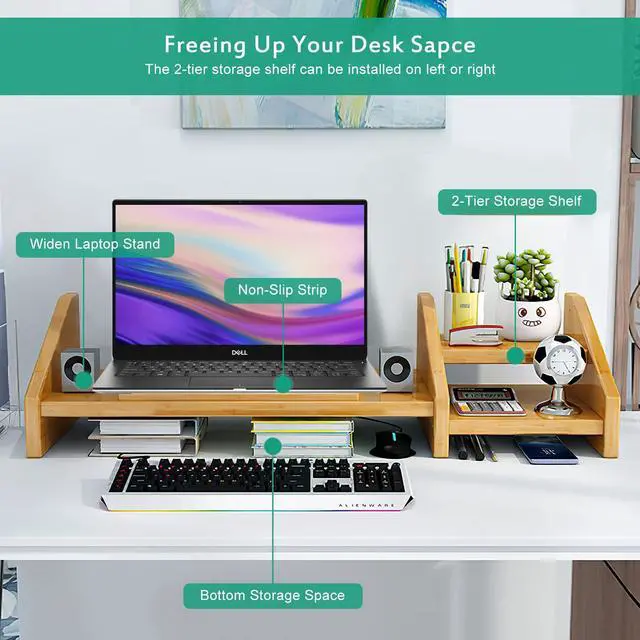 Alt view image 6 of 7 - Bamboo Laptop Stand for Desk with Storage Computer Monitor Riser
