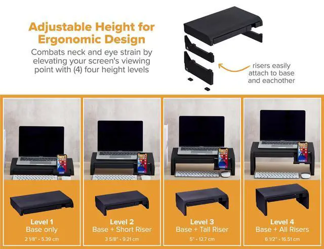 Alt view image 2 of 7 - Konnect Adjustable Monitor Riser with Drawer & Cell Phone Holder, Laptop Stand for Desk, 4 Height Levels, Cable Management & Rubber Feet