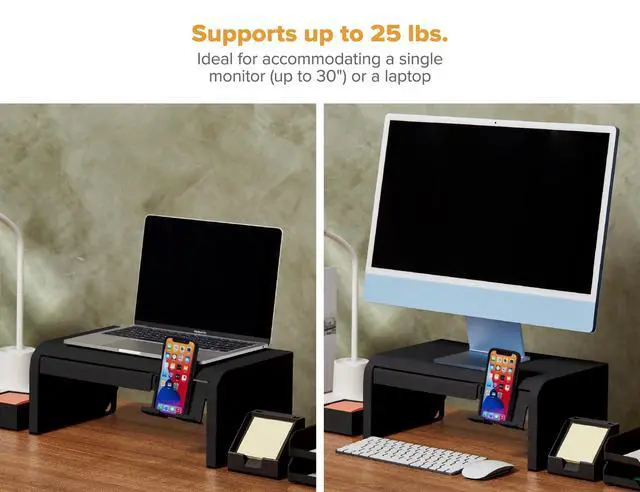 Alt view image 3 of 7 - Konnect Adjustable Monitor Riser with Drawer & Cell Phone Holder, Laptop Stand for Desk, 4 Height Levels, Cable Management & Rubber Feet