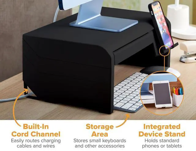 Alt view image 5 of 7 - Konnect Adjustable Monitor Riser with Drawer & Cell Phone Holder, Laptop Stand for Desk, 4 Height Levels, Cable Management & Rubber Feet