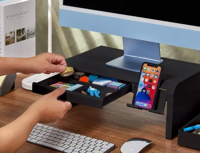 Alt view image 7 of 7 - Konnect Adjustable Monitor Riser with Drawer & Cell Phone Holder, Laptop Stand for Desk, 4 Height Levels, Cable Management & Rubber Feet