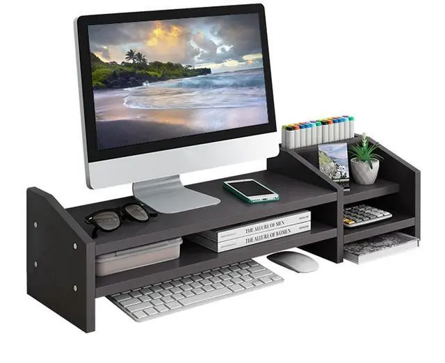 Main image of Computer Monitor Riser, 2 Tier Wooden Stand With Two Layer Storage Rack, Black Desktop Organizer for PC/Laptop, Home & Office