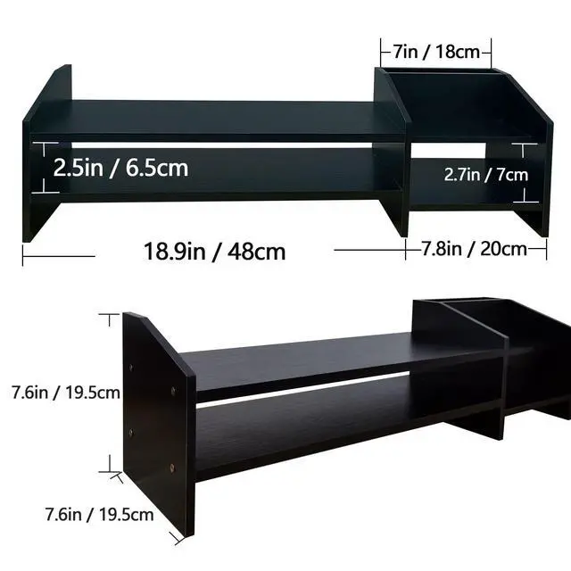 Alt view image 4 of 7 - Computer Monitor Riser, 2 Tier Wooden Stand With Two Layer Storage Rack, Black Desktop Organizer for PC/Laptop, Home & Office
