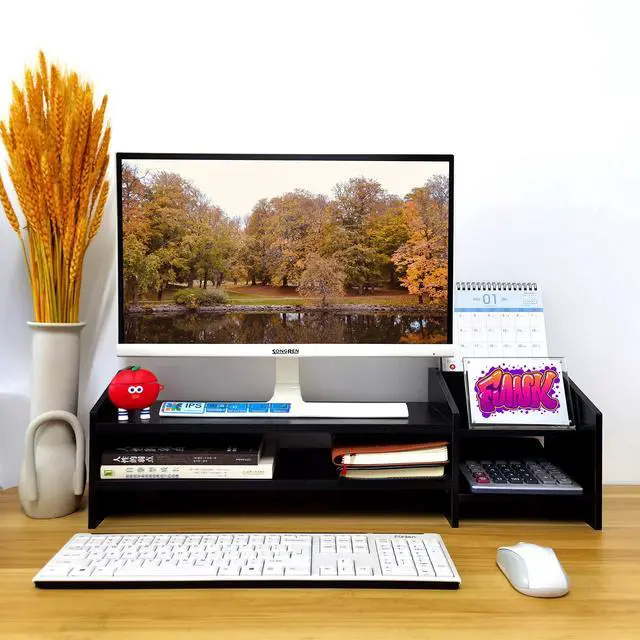 Alt view image 2 of 7 - Computer Monitor Riser, 2 Tier Wooden Stand With Two Layer Storage Rack, Black Desktop Organizer for PC/Laptop, Home & Office