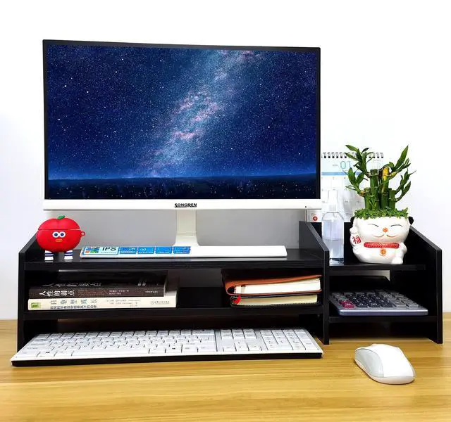 Alt view image 3 of 7 - Computer Monitor Riser, 2 Tier Wooden Stand With Two Layer Storage Rack, Black Desktop Organizer for PC/Laptop, Home & Office