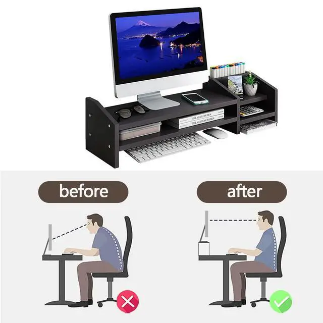 Alt view image 5 of 7 - Computer Monitor Riser, 2 Tier Wooden Stand With Two Layer Storage Rack, Black Desktop Organizer for PC/Laptop, Home & Office