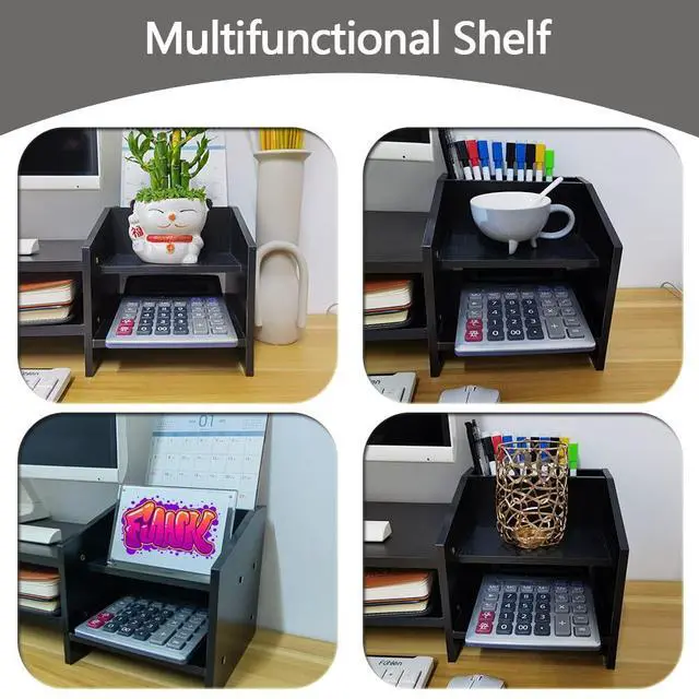Alt view image 6 of 7 - Computer Monitor Riser, 2 Tier Wooden Stand With Two Layer Storage Rack, Black Desktop Organizer for PC/Laptop, Home & Office