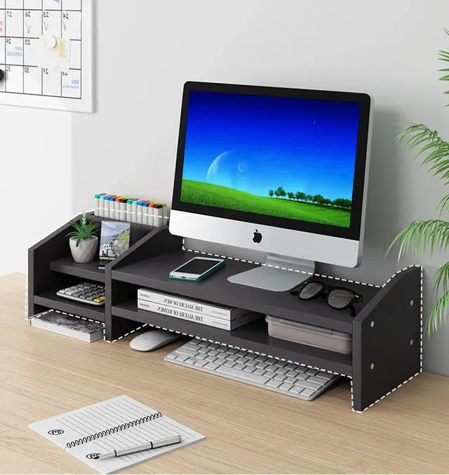 Alt view image 7 of 7 - Computer Monitor Riser, 2 Tier Wooden Stand With Two Layer Storage Rack, Black Desktop Organizer for PC/Laptop, Home & Office