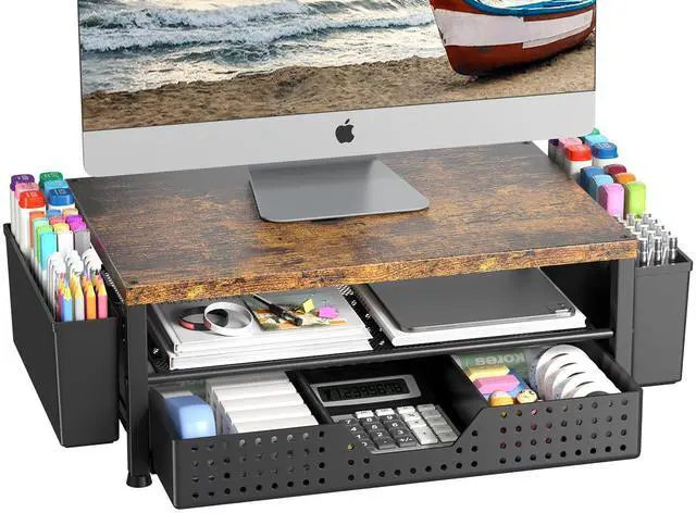Main image of Monitor Riser, Laptop Stand for Desk, Office Desk Organizer and Accessories, Computer Monitor Stand, Desktop Shelf with Drawer and Pen Holder, Printer Stand for Home, Office, Dorm (Brown)