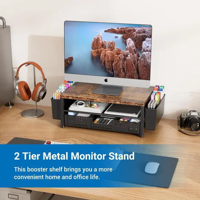Alt view image 2 of 7 - Monitor Riser, Laptop Stand for Desk, Office Desk Organizer and Accessories, Computer Monitor Stand, Desktop Shelf with Drawer and Pen Holder, Printer Stand for Home, Office, Dorm (Brown)