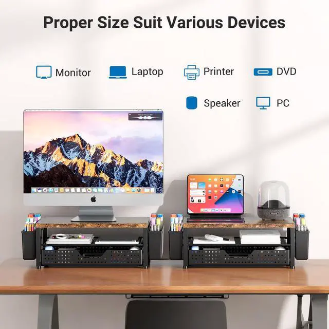 Alt view image 3 of 7 - Monitor Riser, Laptop Stand for Desk, Office Desk Organizer and Accessories, Computer Monitor Stand, Desktop Shelf with Drawer and Pen Holder, Printer Stand for Home, Office, Dorm (Brown)