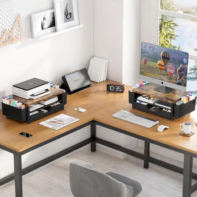 Alt view image 4 of 7 - Monitor Riser, Laptop Stand for Desk, Office Desk Organizer and Accessories, Computer Monitor Stand, Desktop Shelf with Drawer and Pen Holder, Printer Stand for Home, Office, Dorm (Brown)