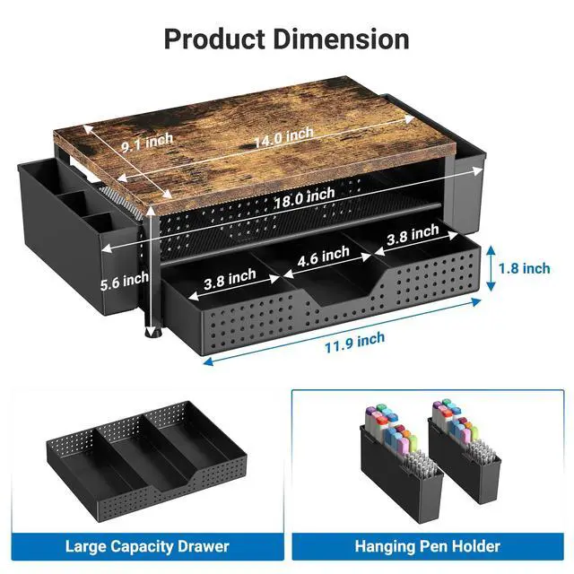 Alt view image 7 of 7 - Monitor Riser, Laptop Stand for Desk, Office Desk Organizer and Accessories, Computer Monitor Stand, Desktop Shelf with Drawer and Pen Holder, Printer Stand for Home, Office, Dorm (Brown)