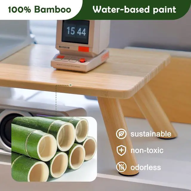 Alt view image 2 of 7 - Bamboo Monitor Stand Riser with Cable Routing Slot, Ergonomic Computer Shelf for Desk, Natural Wood Desktop Organizer for Monitor Laptop Printer, Home Office Accessory